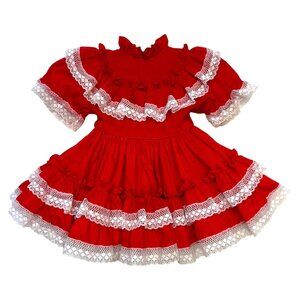 Vintage Red Lace Girls Dress With Ruffles & Bow By Small World Size 1